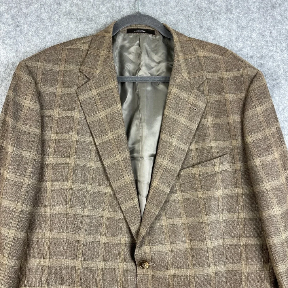 VTG Joseph Abboud Silk Wool Blazer Sport Coat Mens 46R Brown Windowpane USA